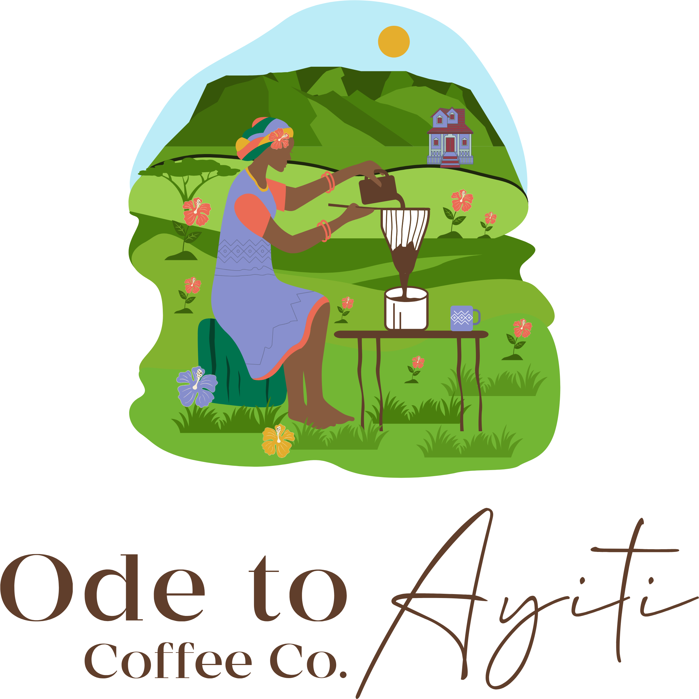 Logo of Ode to Ayiti Coffee Co. featuring a woman roasting coffee beans in a scenic setting.